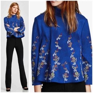 Zara Blue‎ Embroidered Faux Suede Top XS